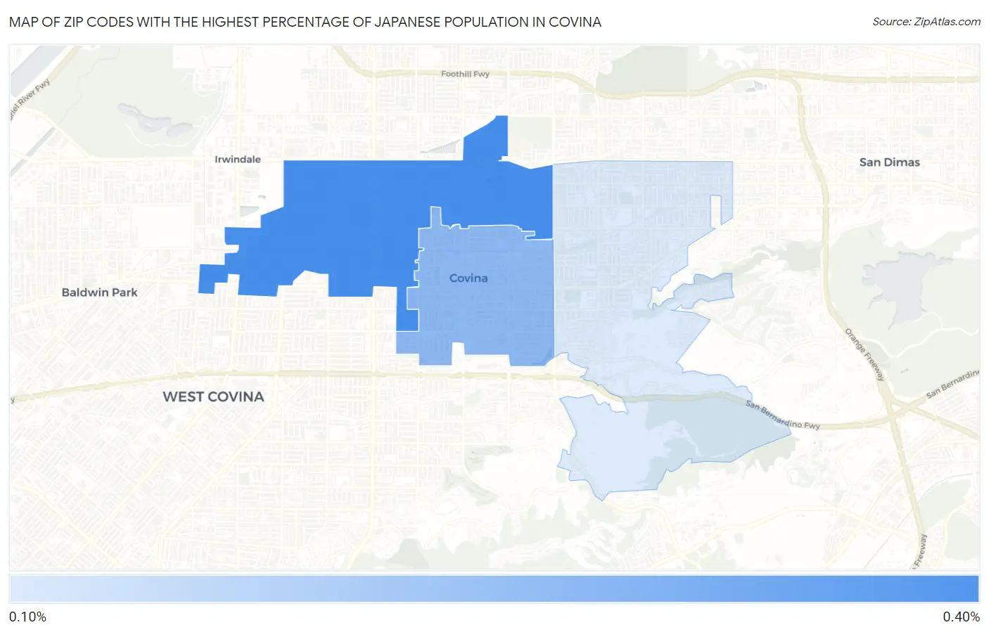 Zip Codes with the Highest Percentage of Japanese Population in Covina Map