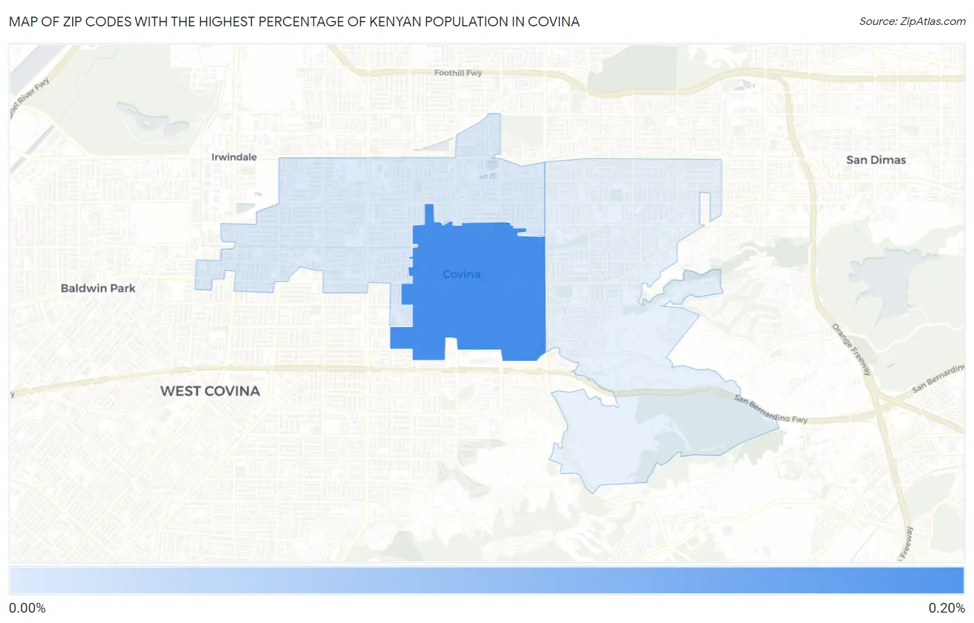 Zip Codes with the Highest Percentage of Kenyan Population in Covina Map