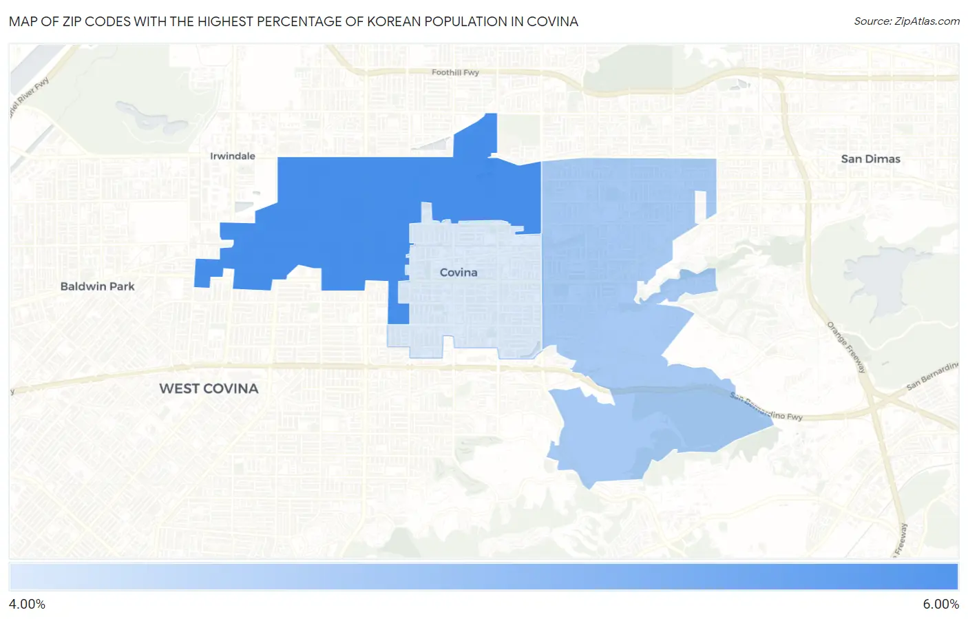 Zip Codes with the Highest Percentage of Korean Population in Covina Map