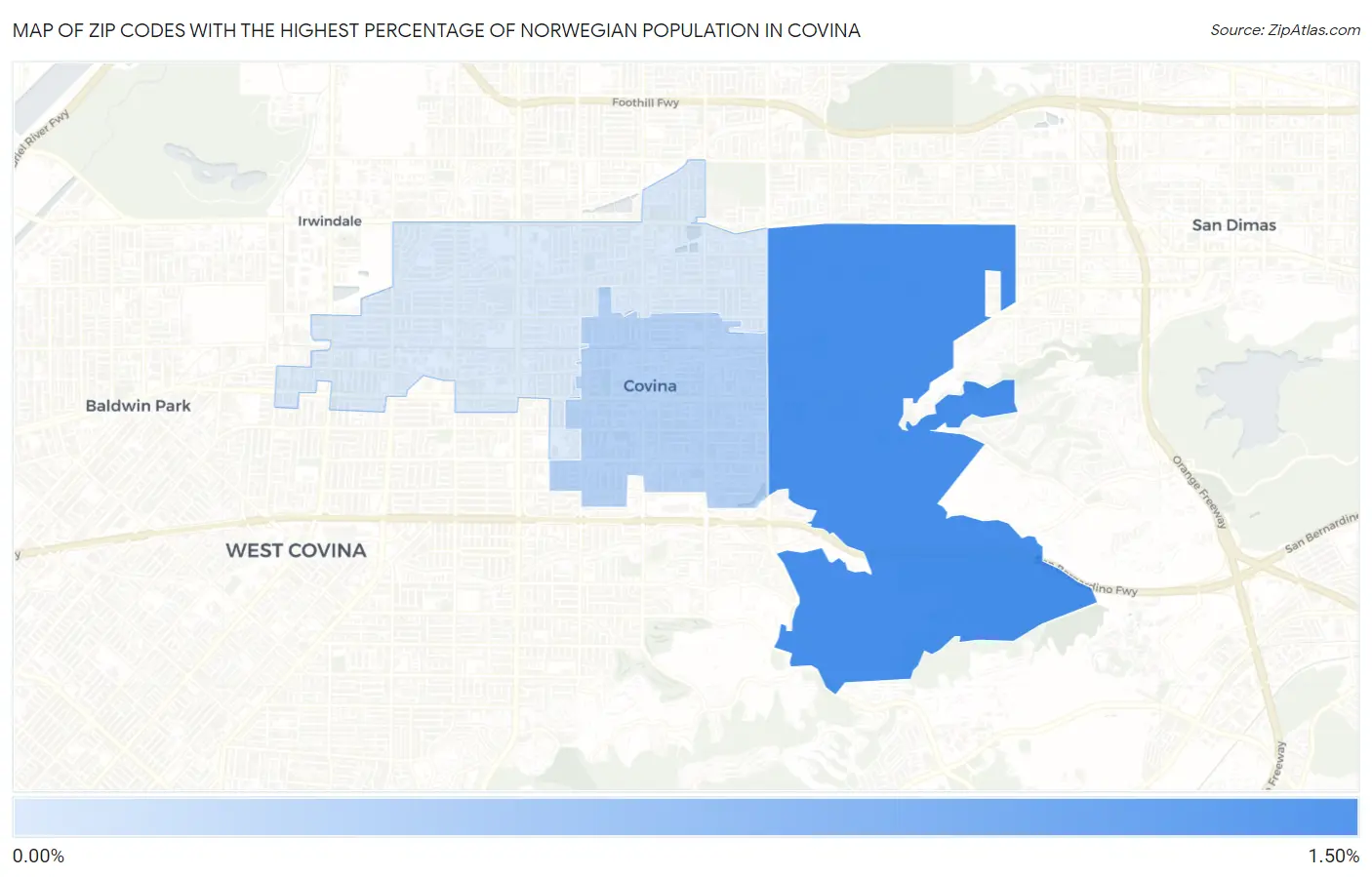 Zip Codes with the Highest Percentage of Norwegian Population in Covina Map