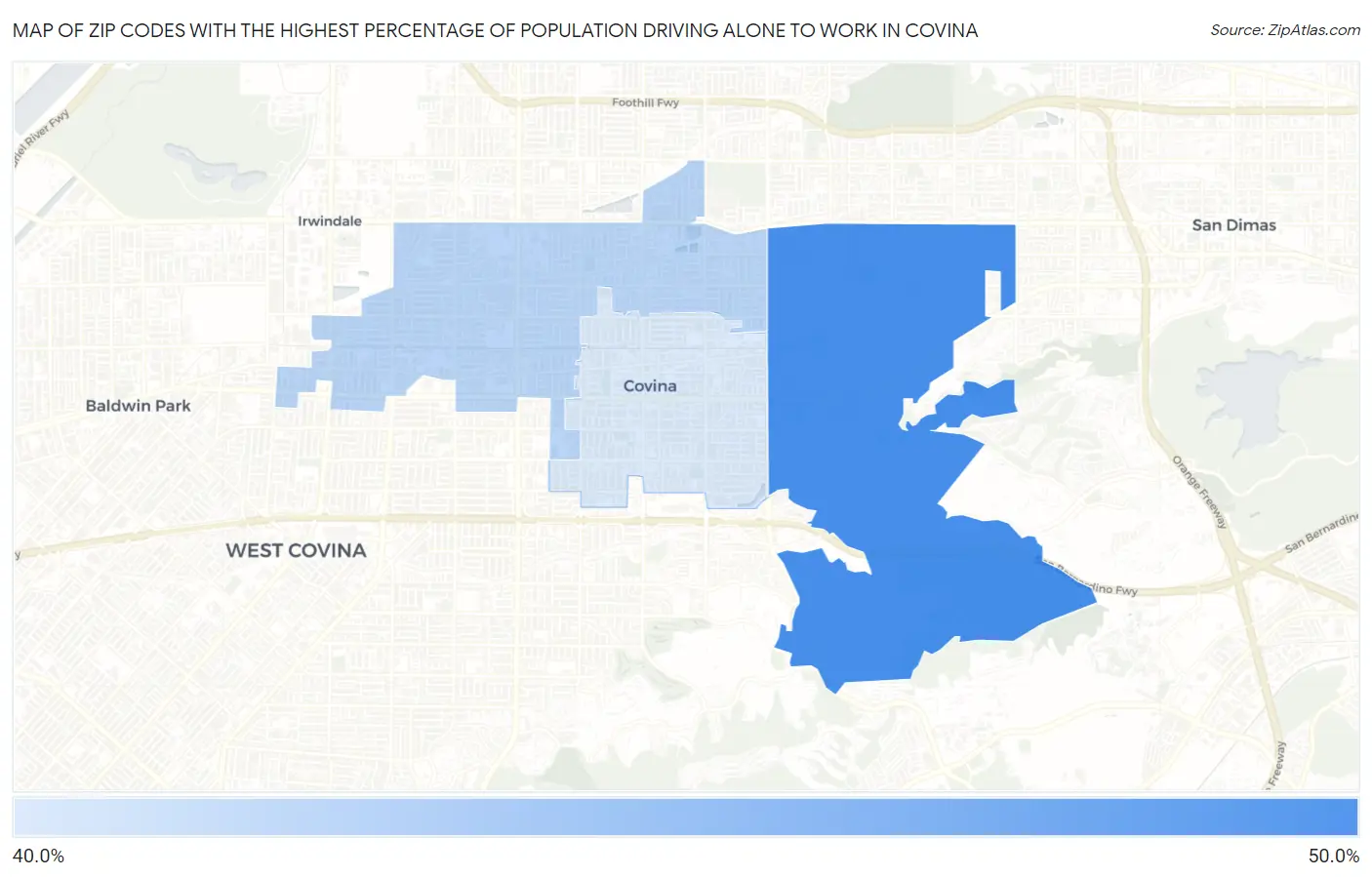 Zip Codes with the Highest Percentage of Population Driving Alone to Work in Covina Map
