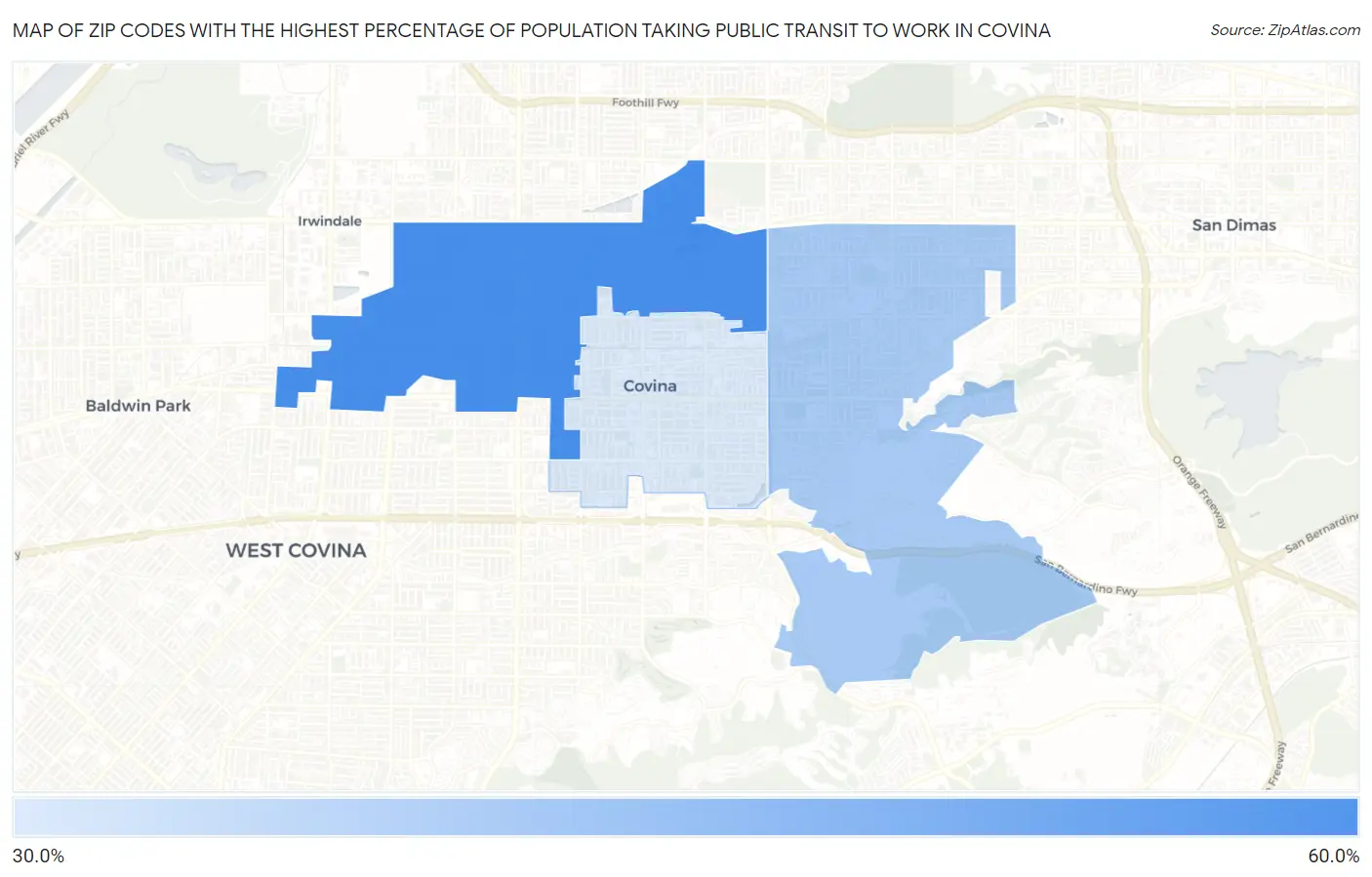 Zip Codes with the Highest Percentage of Population Taking Public Transit to Work in Covina Map