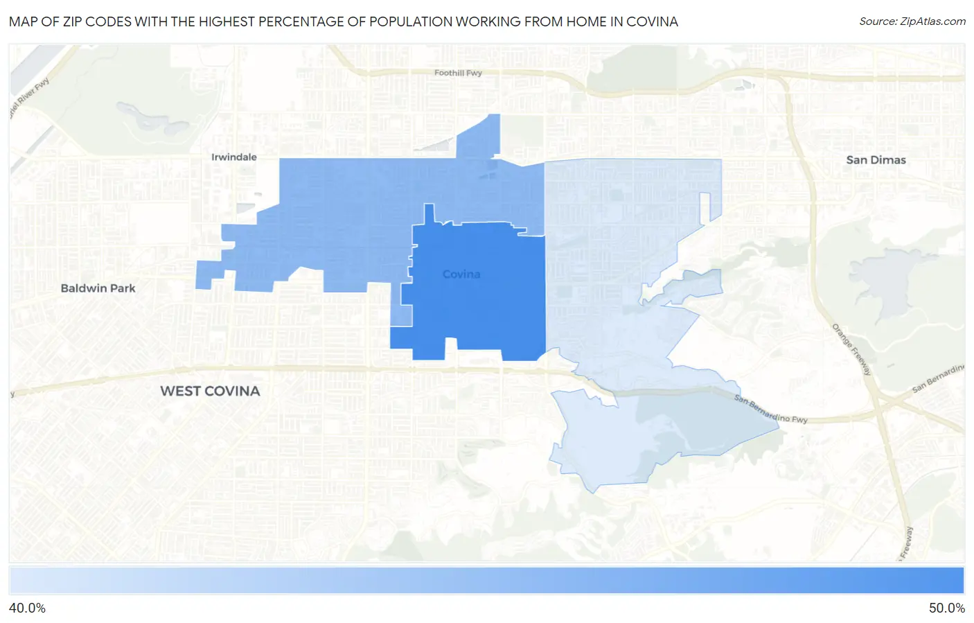 Zip Codes with the Highest Percentage of Population Working from Home in Covina Map