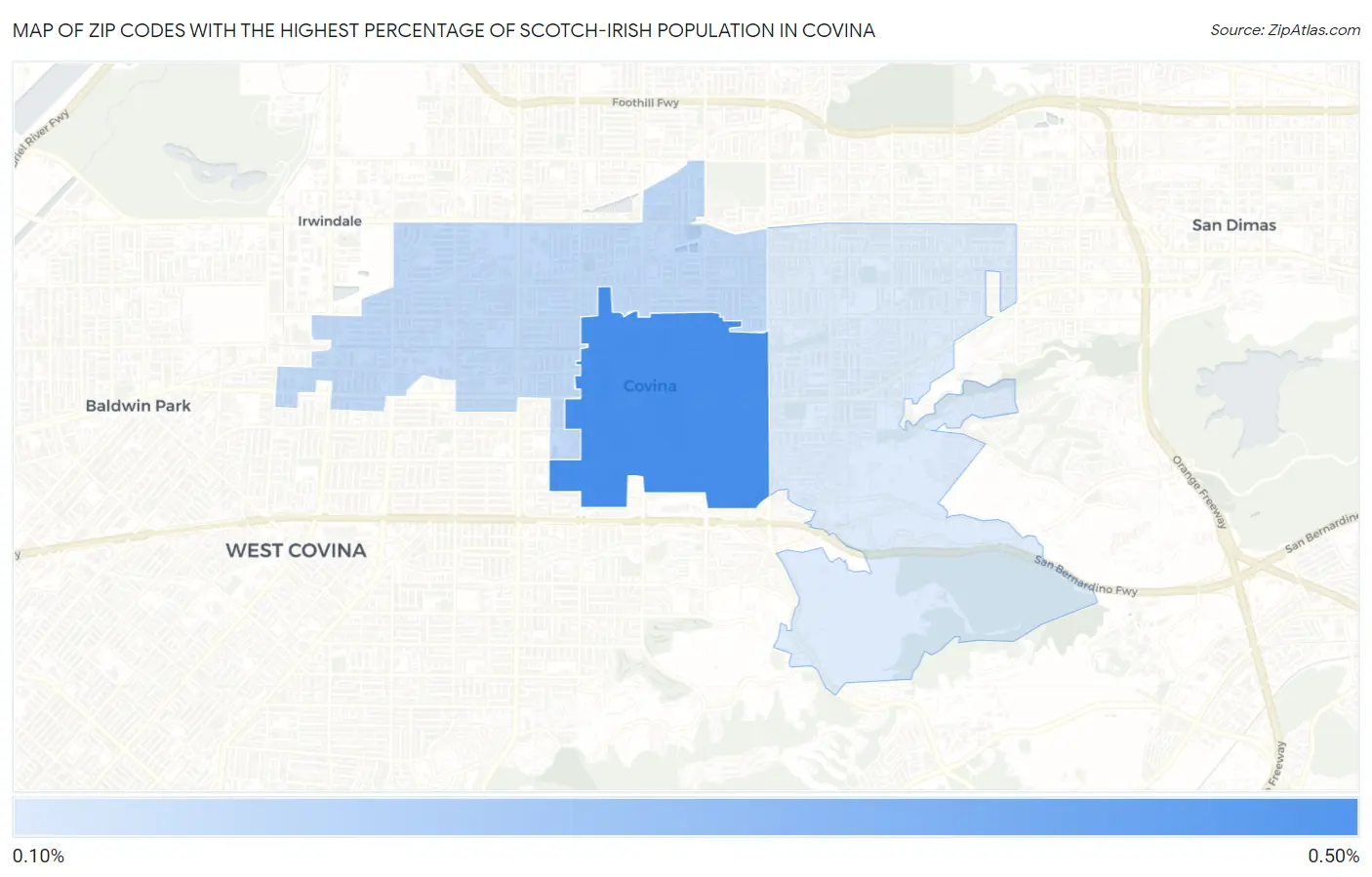 Zip Codes with the Highest Percentage of Scotch-Irish Population in Covina Map