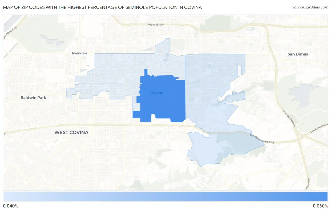Zip Codes with the Highest Percentage of Seminole Population in Covina Map