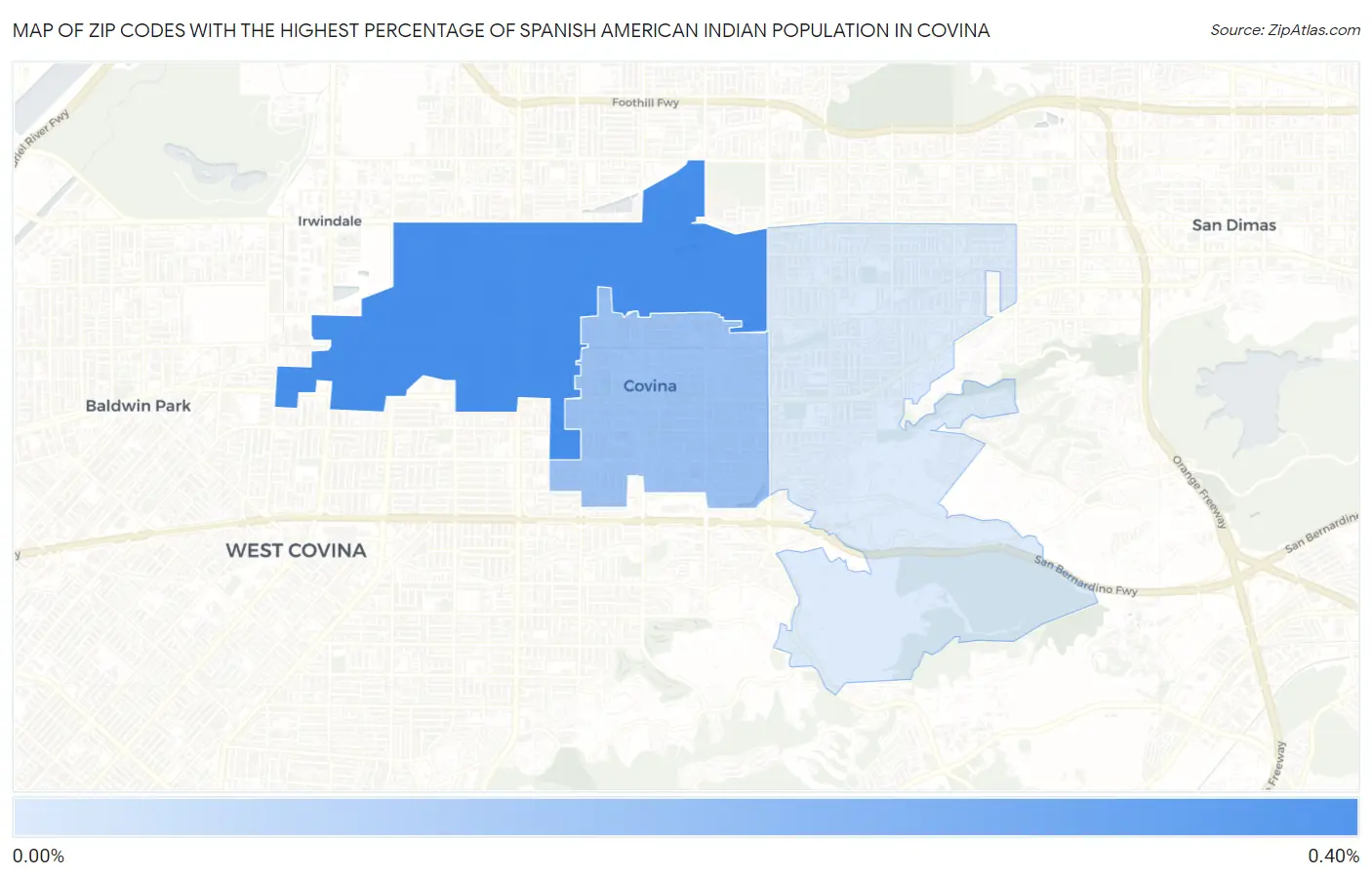 Zip Codes with the Highest Percentage of Spanish American Indian Population in Covina Map