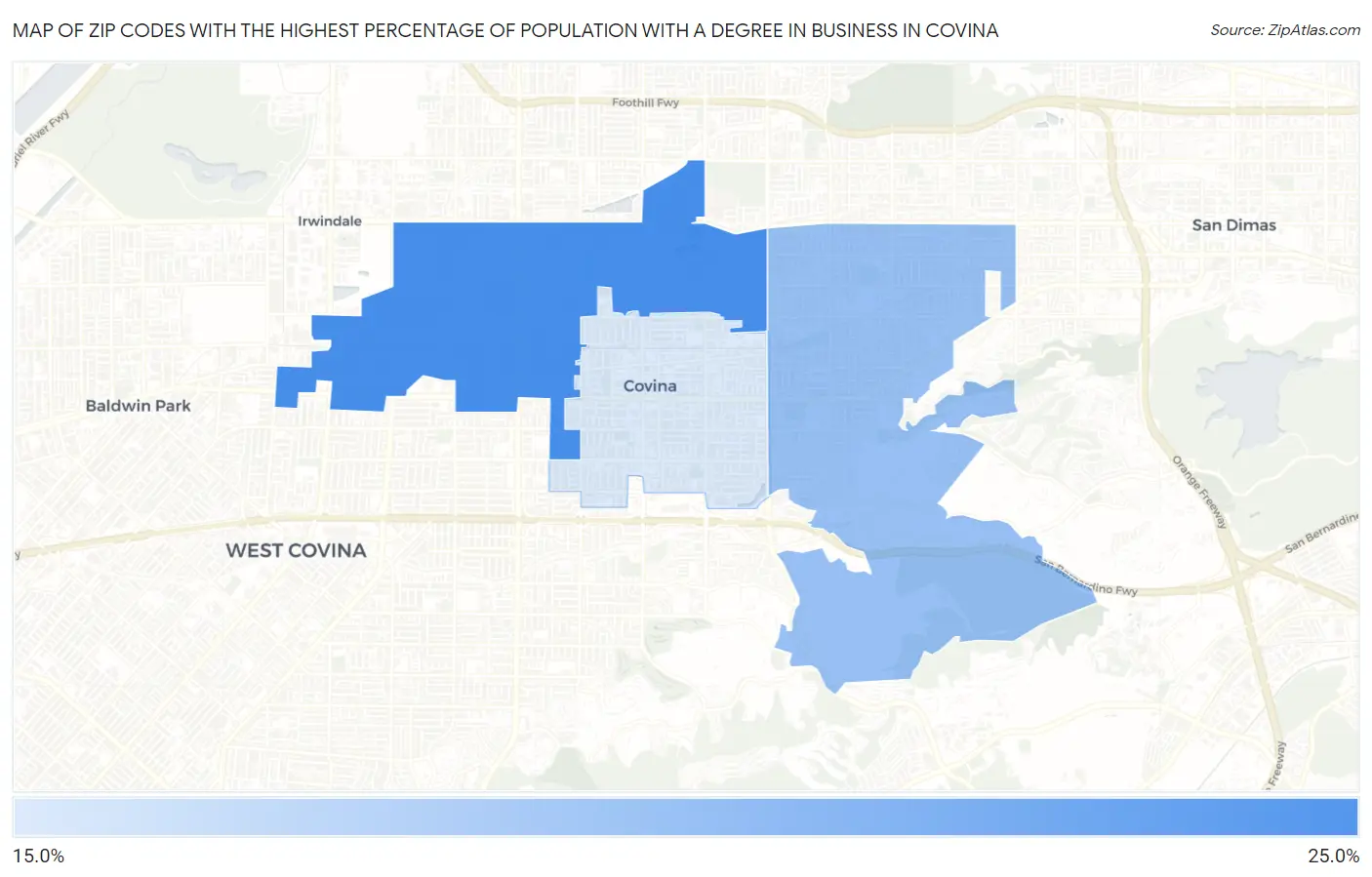 Zip Codes with the Highest Percentage of Population with a Degree in Business in Covina Map