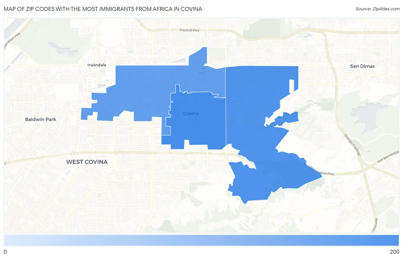 Zip Codes with the Most Immigrants from Africa in Covina Map