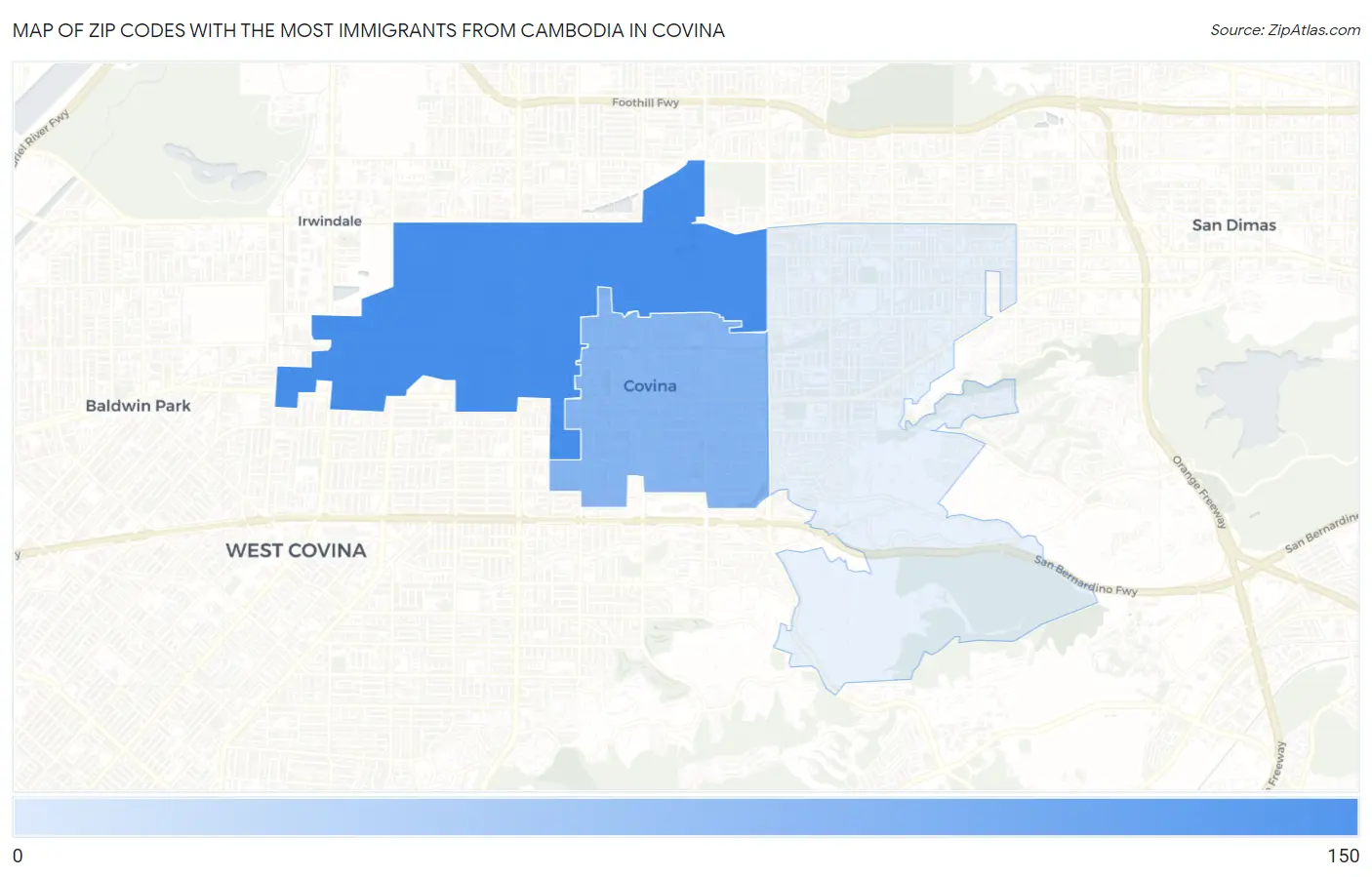 Zip Codes with the Most Immigrants from Cambodia in Covina Map