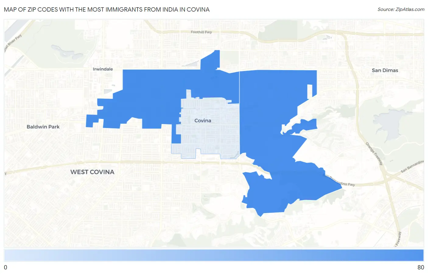 Zip Codes with the Most Immigrants from India in Covina Map