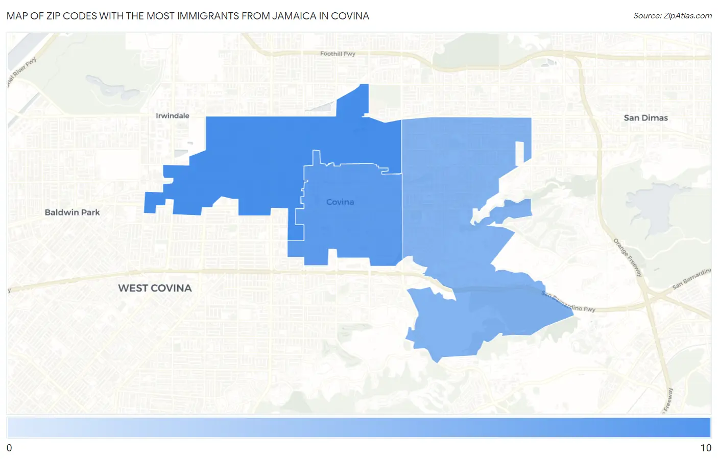 Zip Codes with the Most Immigrants from Jamaica in Covina Map