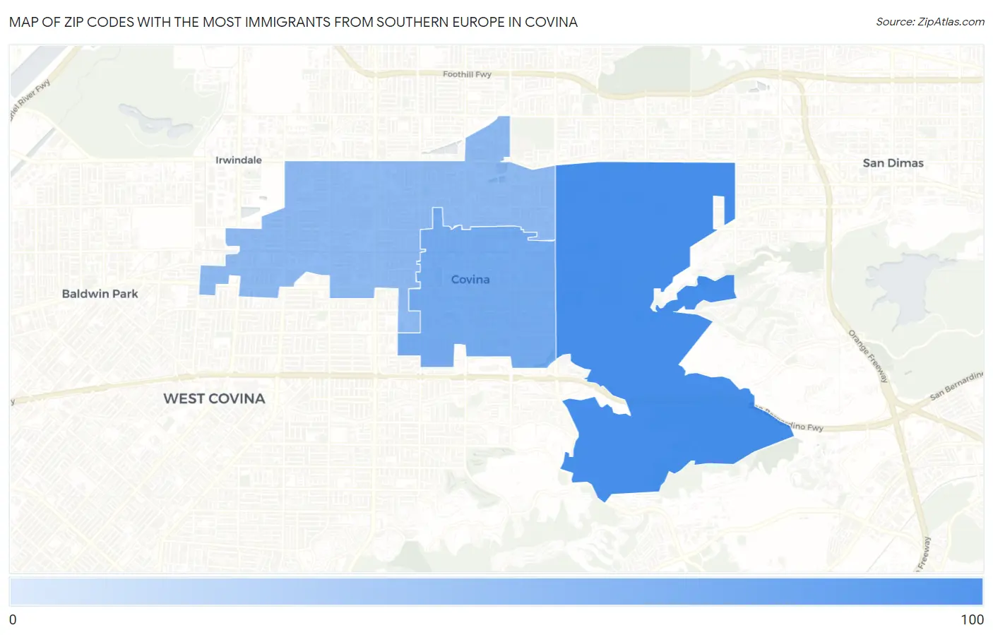 Zip Codes with the Most Immigrants from Southern Europe in Covina Map