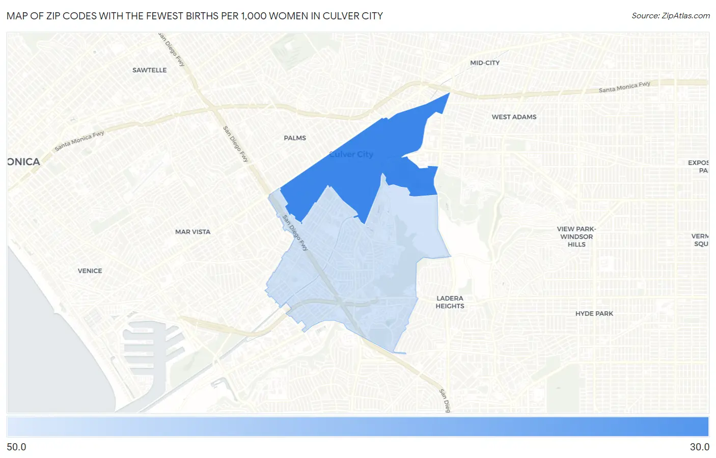 Zip Codes with the Fewest Births per 1,000 Women in Culver City Map