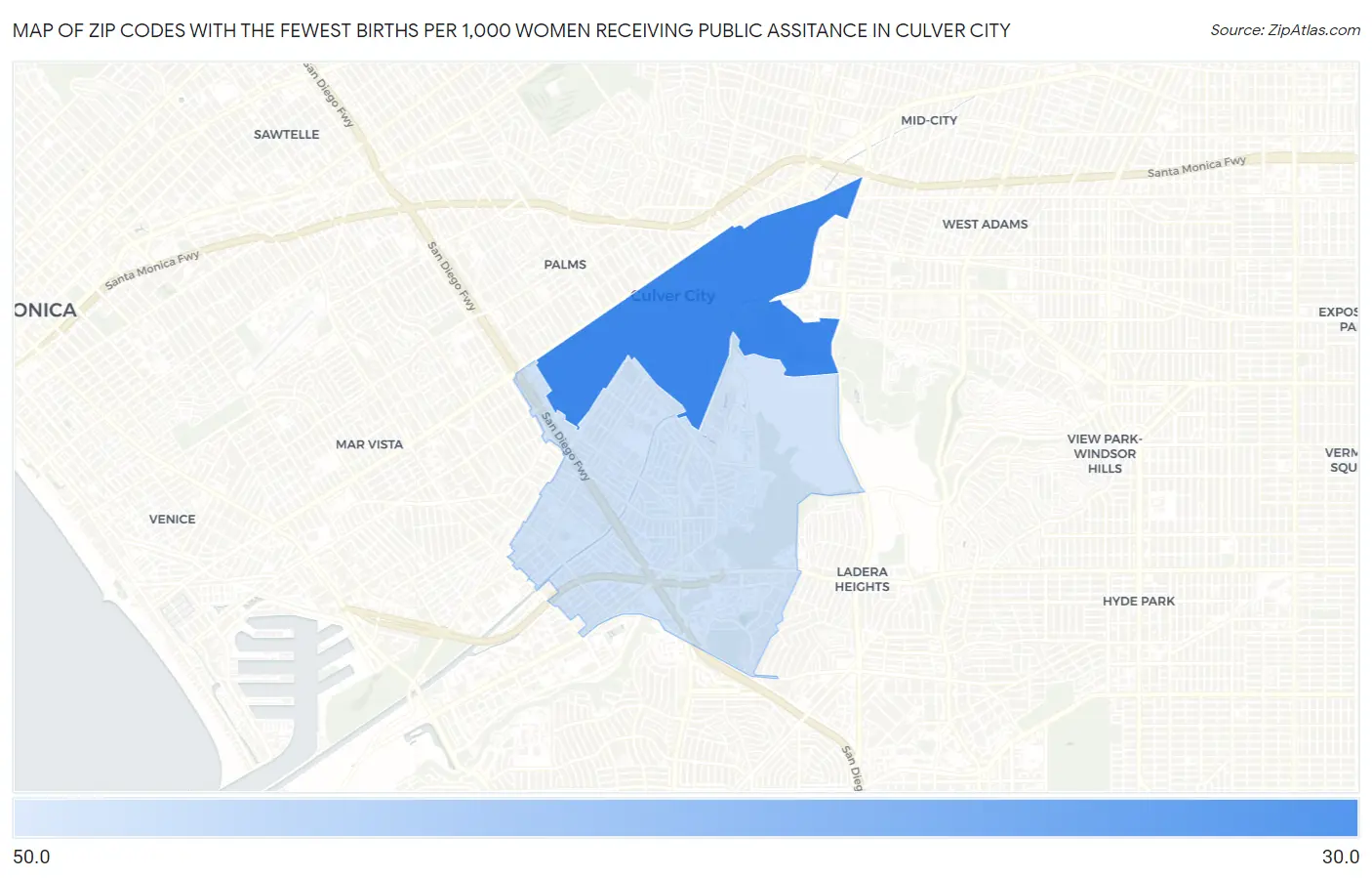 Zip Codes with the Fewest Births per 1,000 Women Receiving Public Assitance in Culver City Map