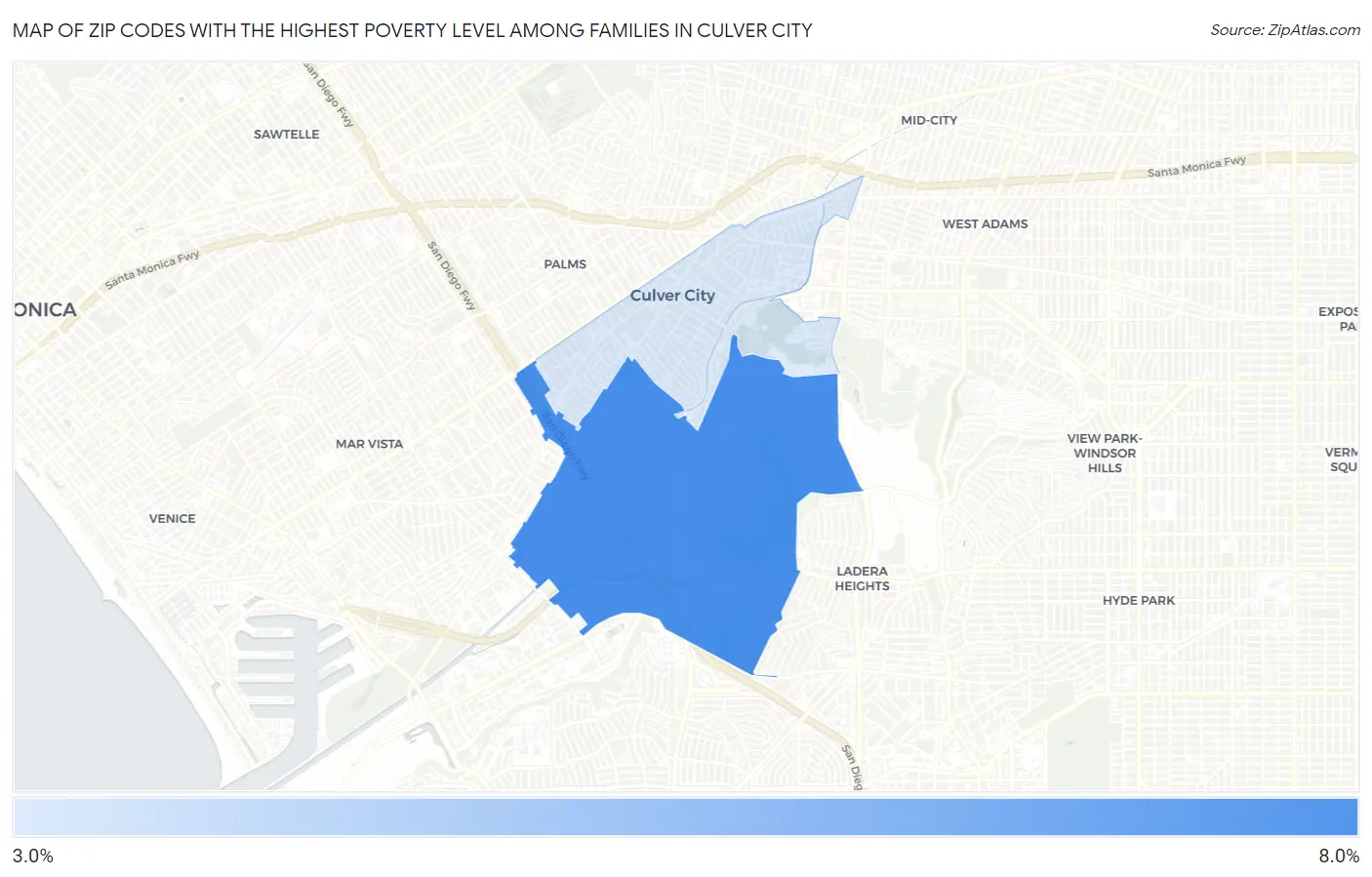 Zip Codes with the Highest Poverty Level Among Families in Culver City Map