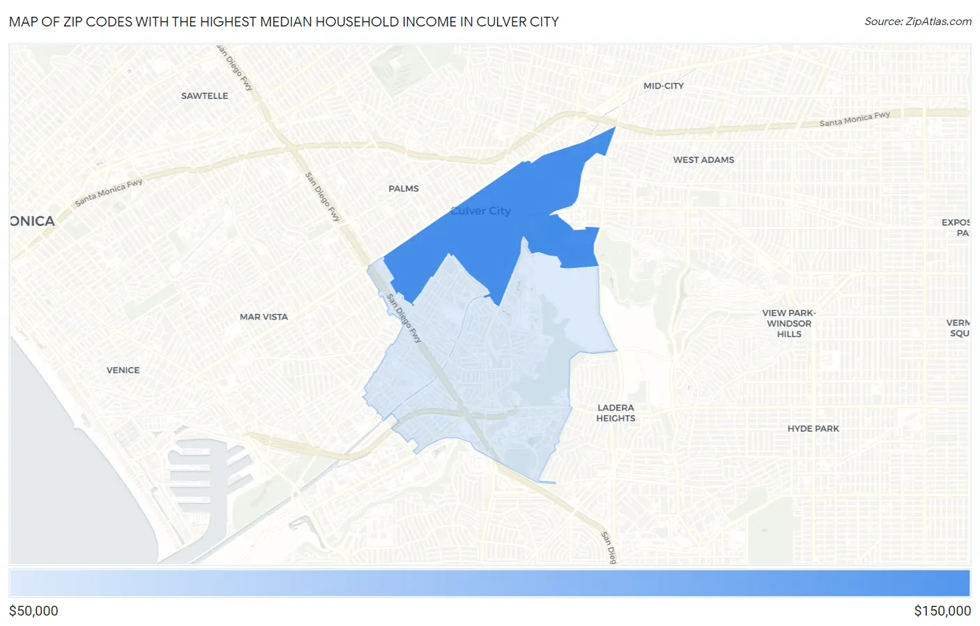 Zip Codes with the Highest Median Household Income in Culver City Map