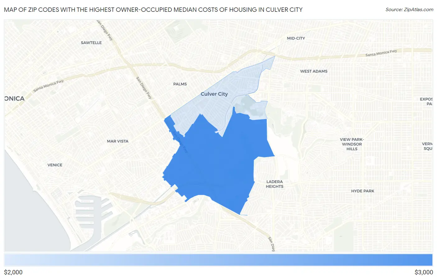 Zip Codes with the Highest Owner-Occupied Median Costs of Housing in Culver City Map