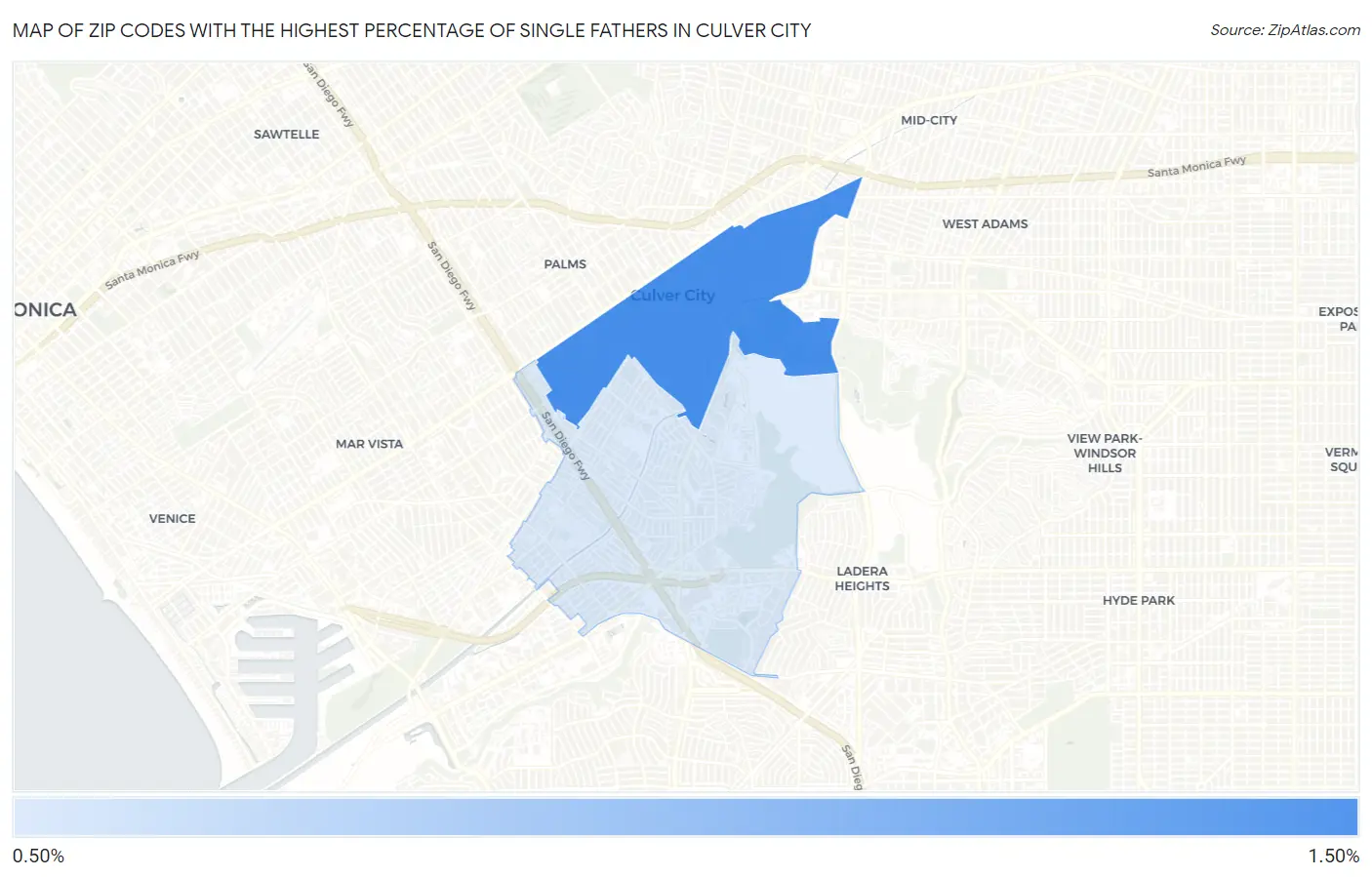 Zip Codes with the Highest Percentage of Single Fathers in Culver City Map