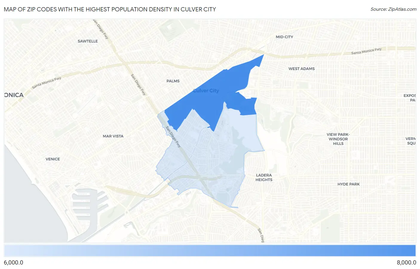 Zip Codes with the Highest Population Density in Culver City Map