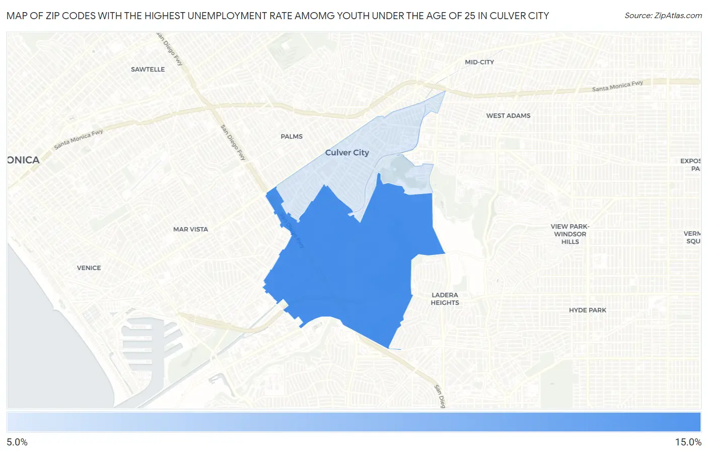 Zip Codes with the Highest Unemployment Rate Amomg Youth Under the Age of 25 in Culver City Map