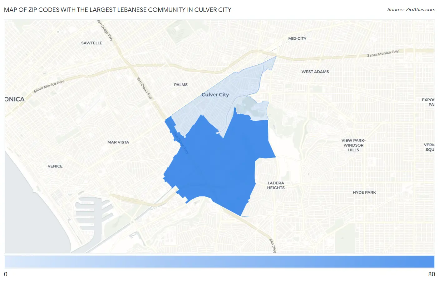 Zip Codes with the Largest Lebanese Community in Culver City Map