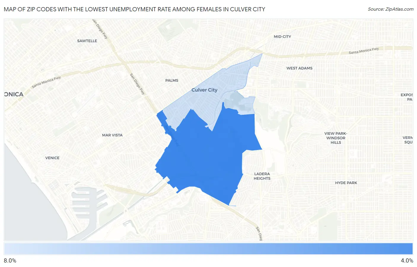 Zip Codes with the Lowest Unemployment Rate Among Females in Culver City Map