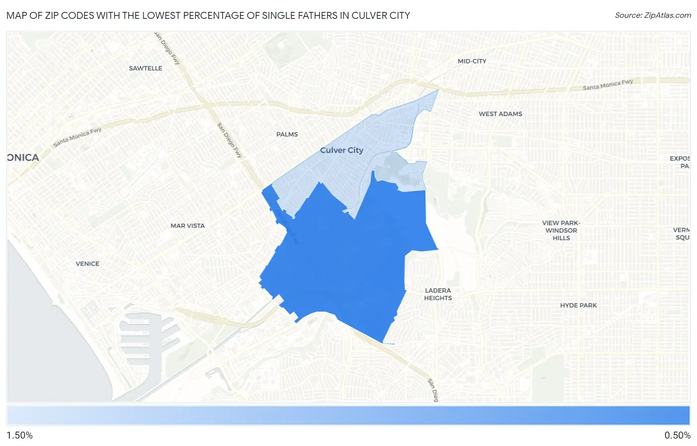 Zip Codes with the Lowest Percentage of Single Fathers in Culver City Map