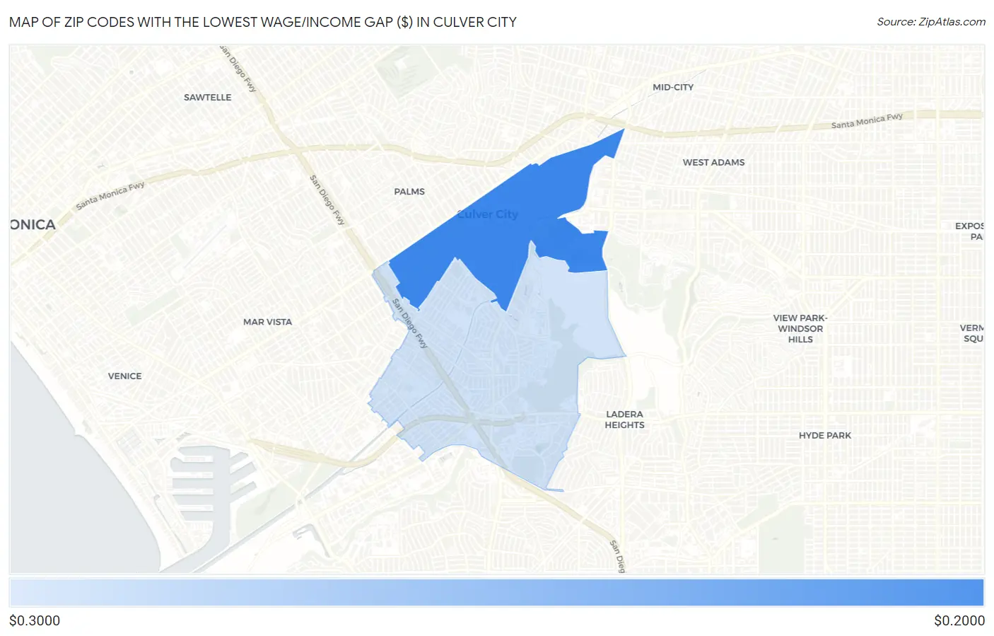 Zip Codes with the Lowest Wage/Income Gap ($) in Culver City Map