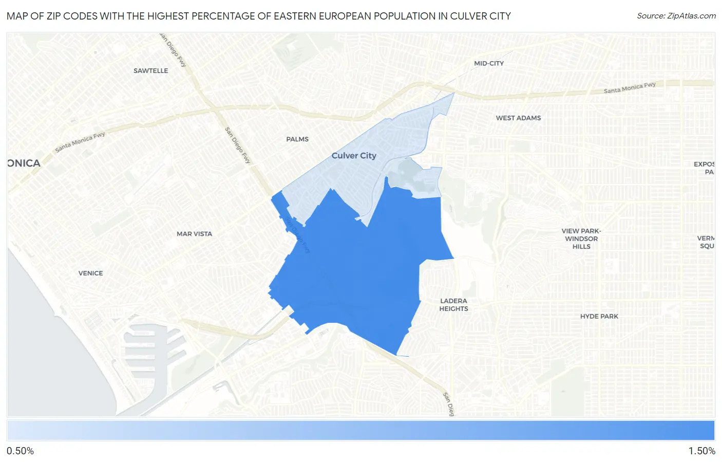 Zip Codes with the Highest Percentage of Eastern European Population in Culver City Map