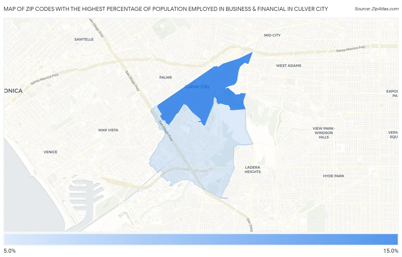 Zip Codes with the Highest Percentage of Population Employed in Business & Financial in Culver City Map