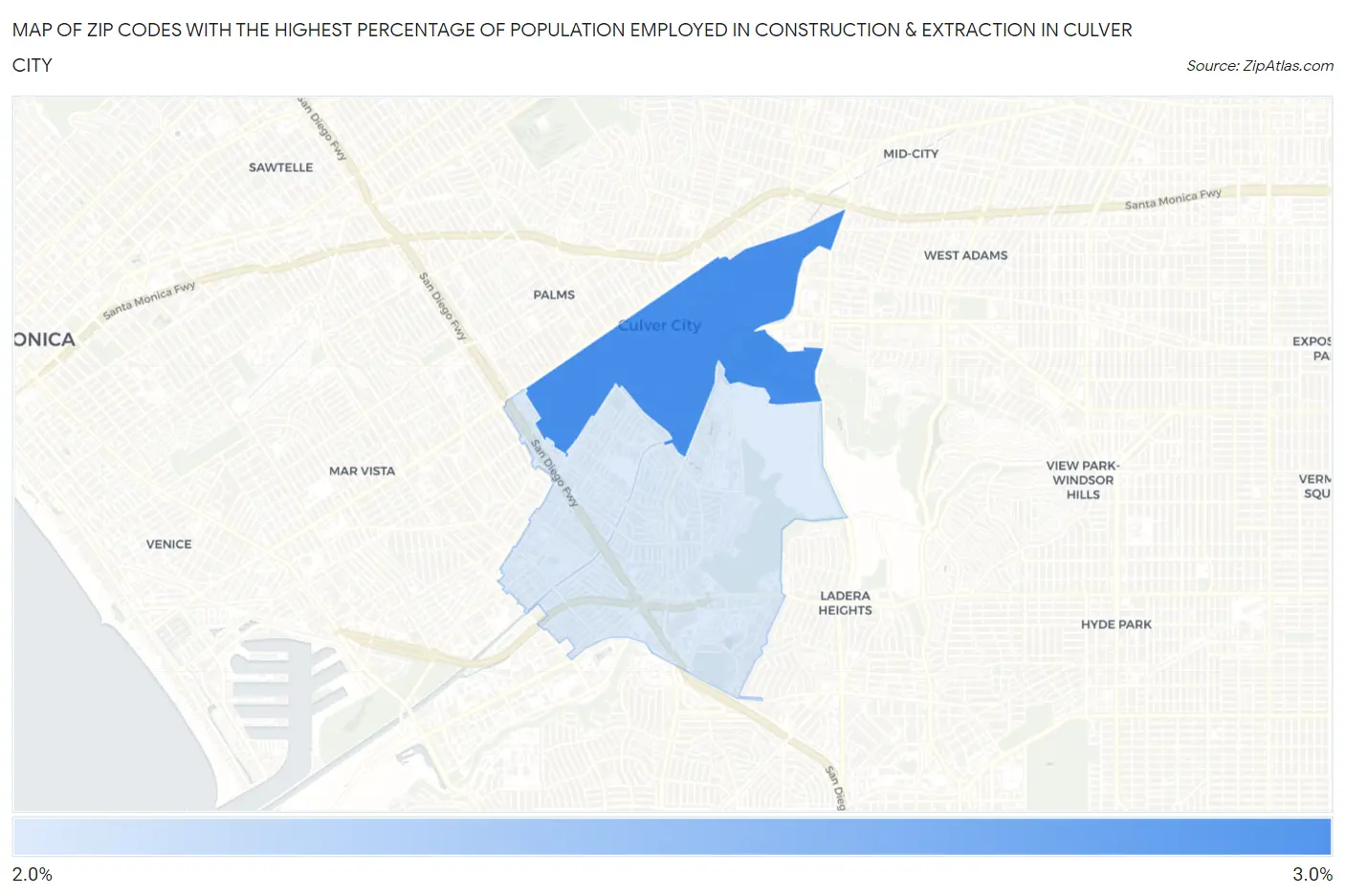 Zip Codes with the Highest Percentage of Population Employed in Construction & Extraction in Culver City Map