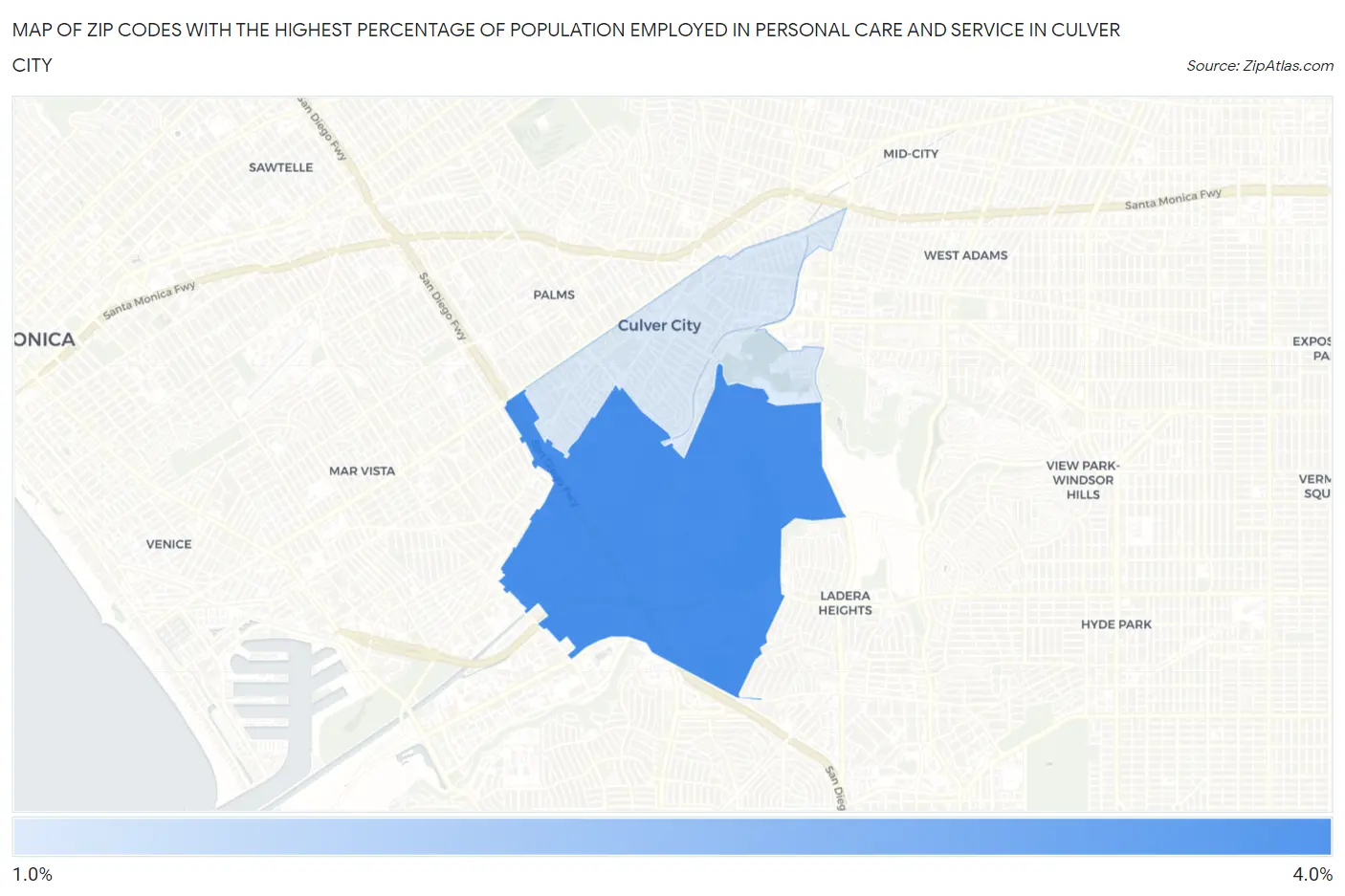 Zip Codes with the Highest Percentage of Population Employed in Personal Care and Service in Culver City Map