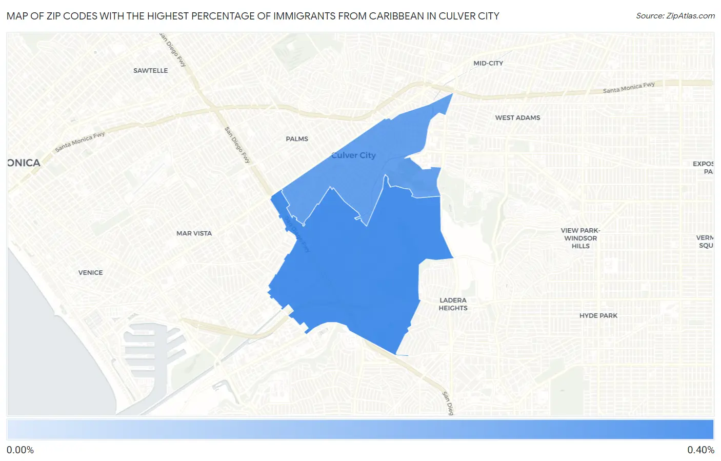 Zip Codes with the Highest Percentage of Immigrants from Caribbean in Culver City Map