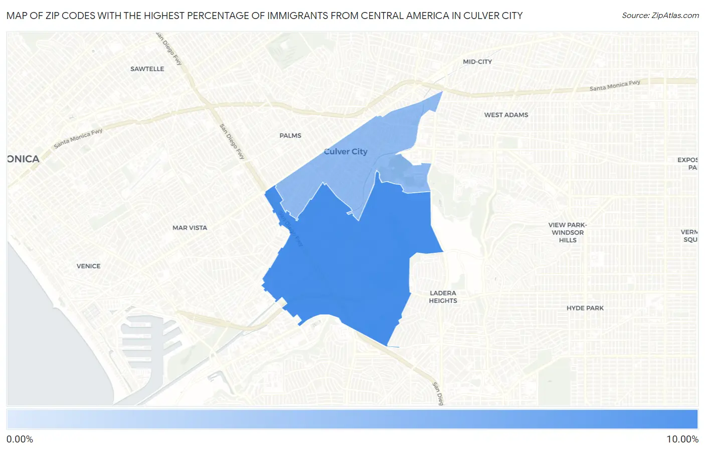 Zip Codes with the Highest Percentage of Immigrants from Central America in Culver City Map