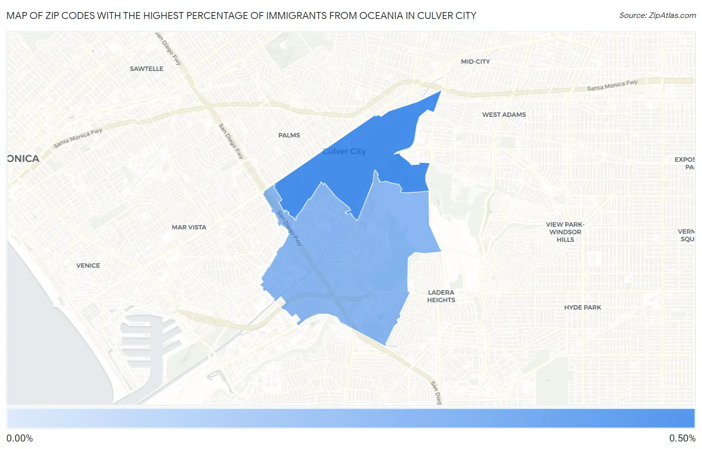 Zip Codes with the Highest Percentage of Immigrants from Oceania in Culver City Map