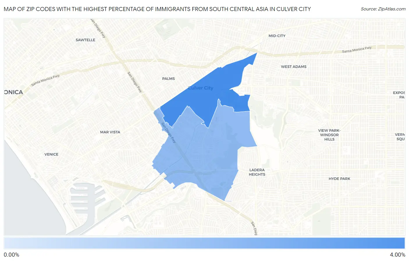 Zip Codes with the Highest Percentage of Immigrants from South Central Asia in Culver City Map