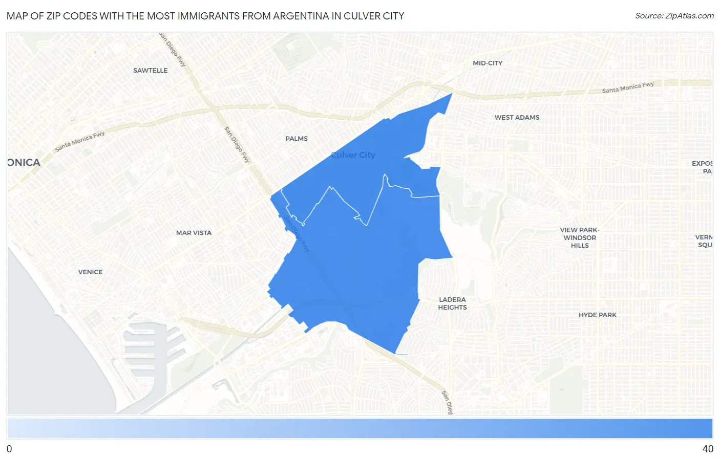 Zip Codes with the Most Immigrants from Argentina in Culver City Map