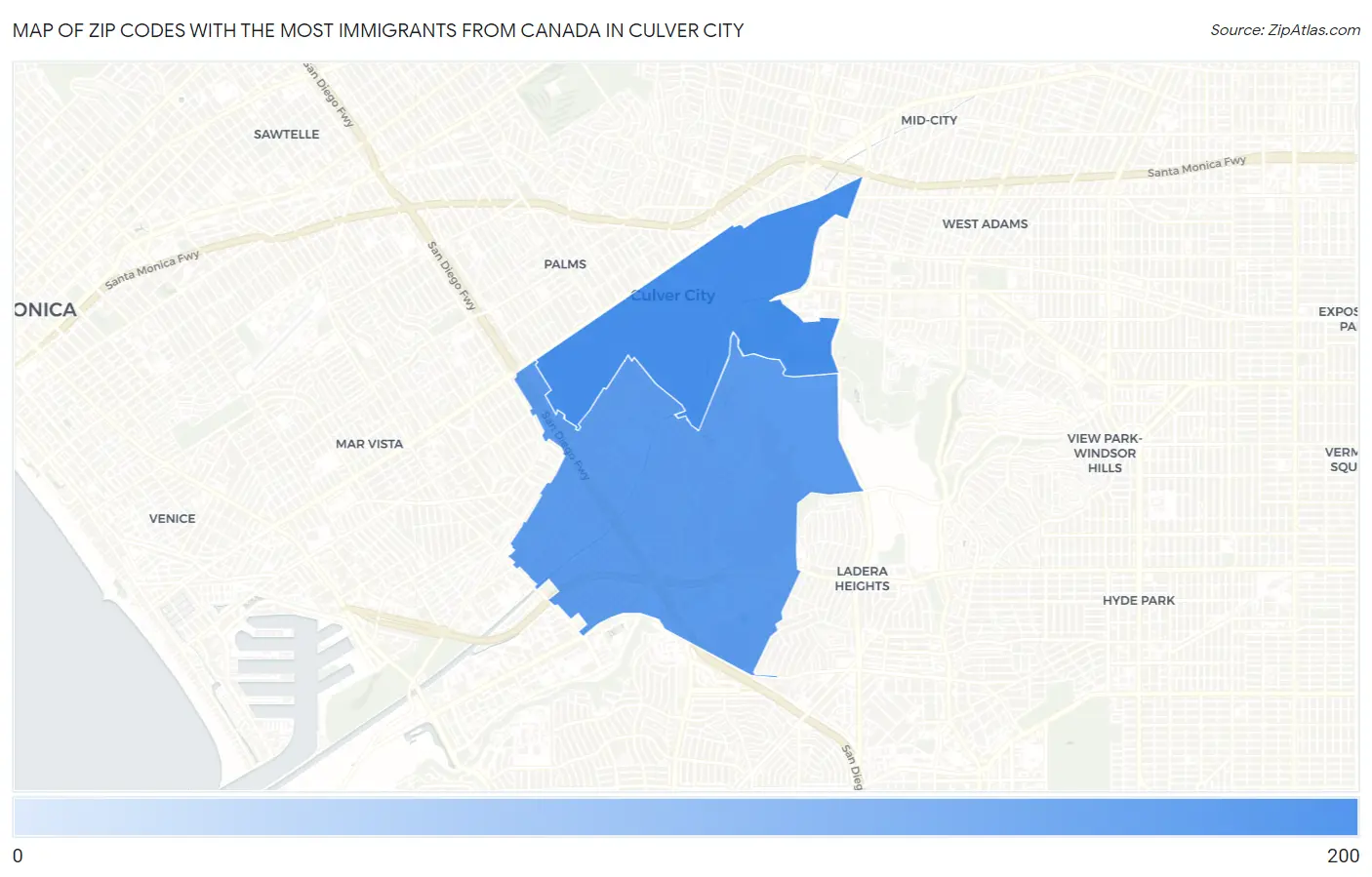 Zip Codes with the Most Immigrants from Canada in Culver City Map