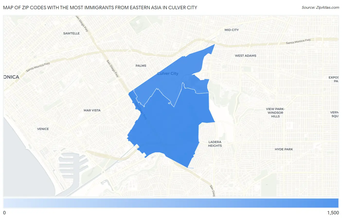 Zip Codes with the Most Immigrants from Eastern Asia in Culver City Map