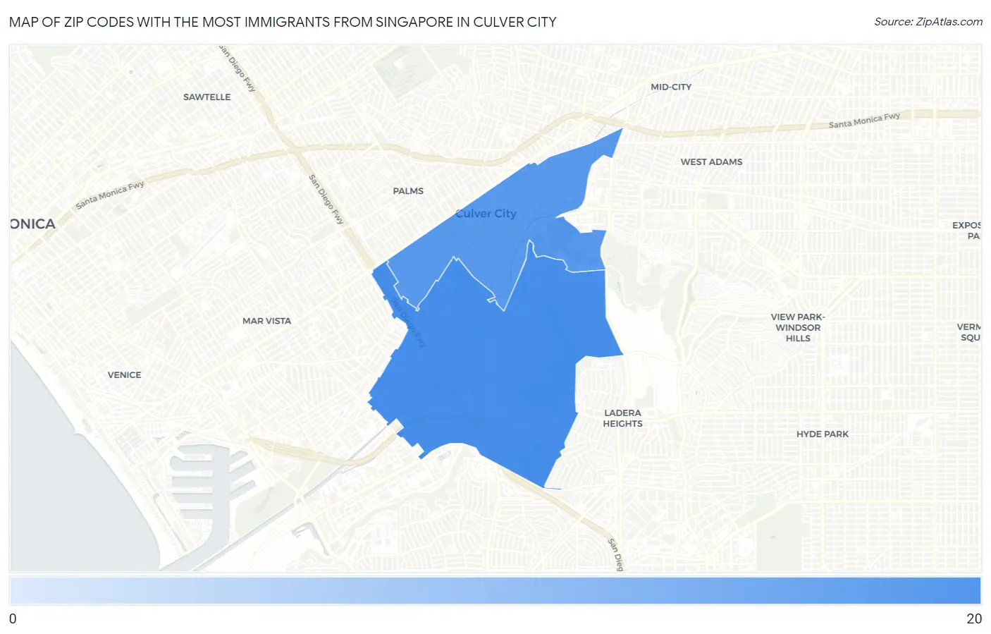 Zip Codes with the Most Immigrants from Singapore in Culver City Map