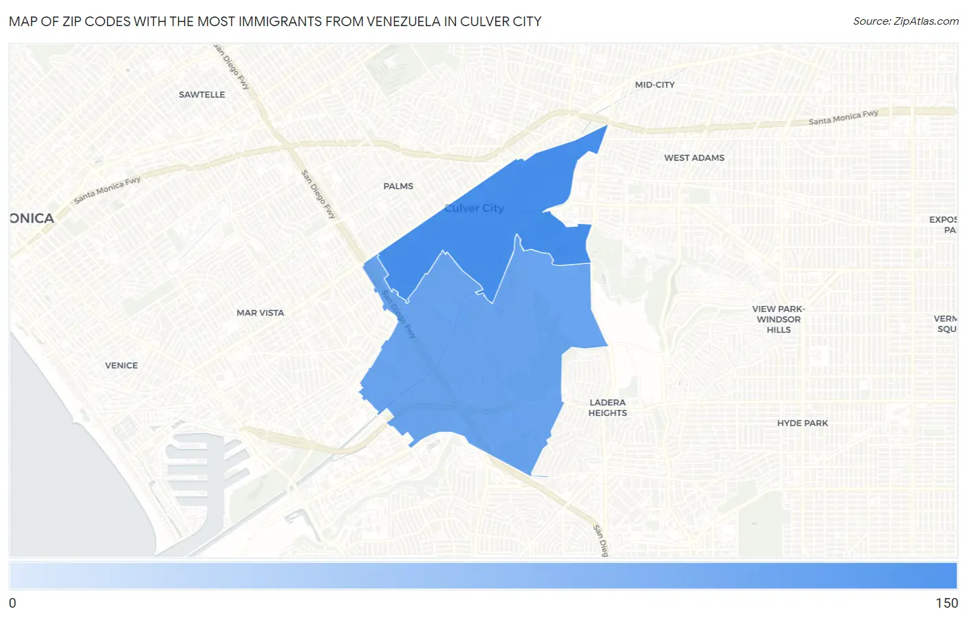 Zip Codes with the Most Immigrants from Venezuela in Culver City Map