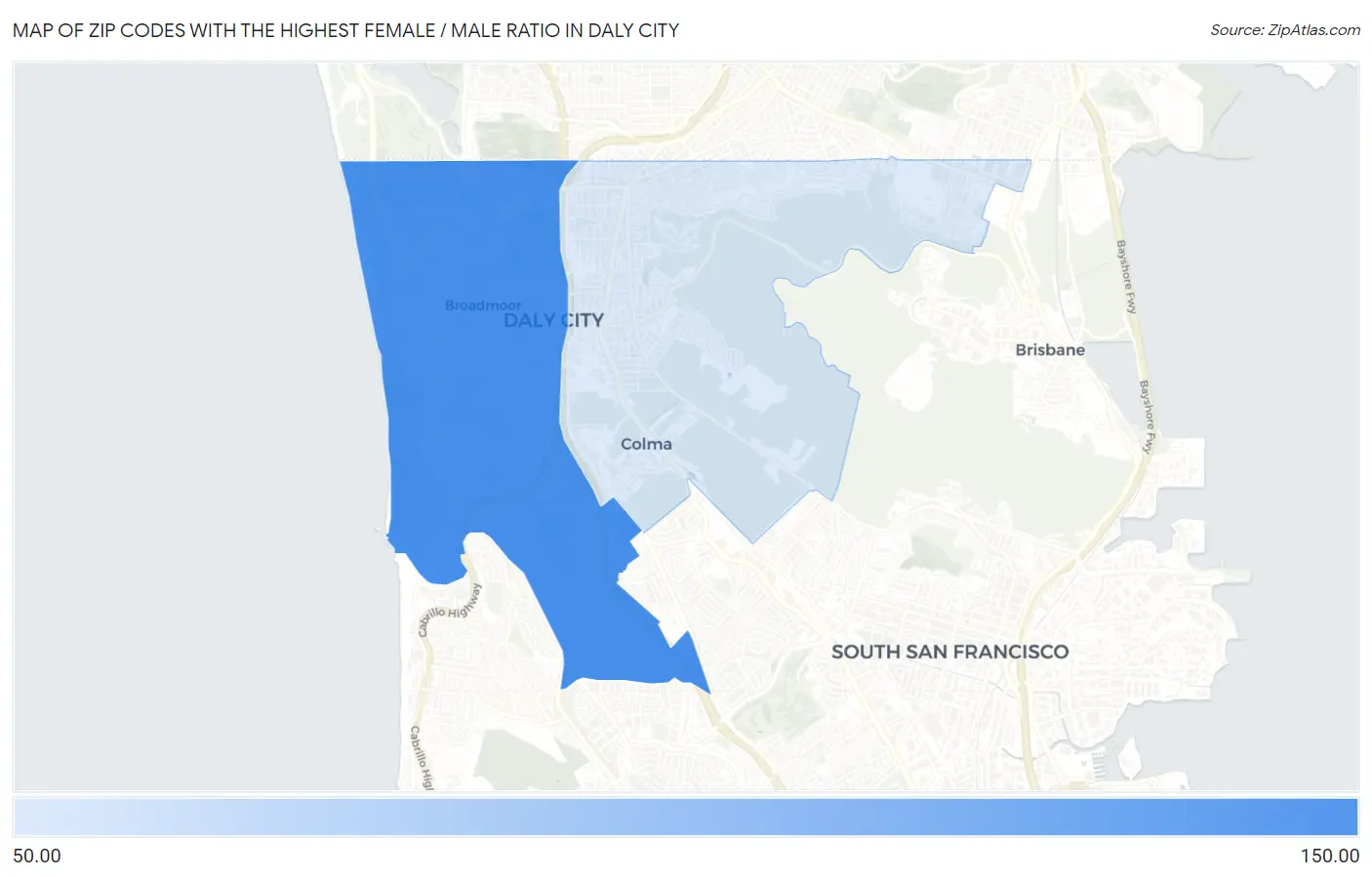Zip Codes with the Highest Female / Male Ratio in Daly City Map