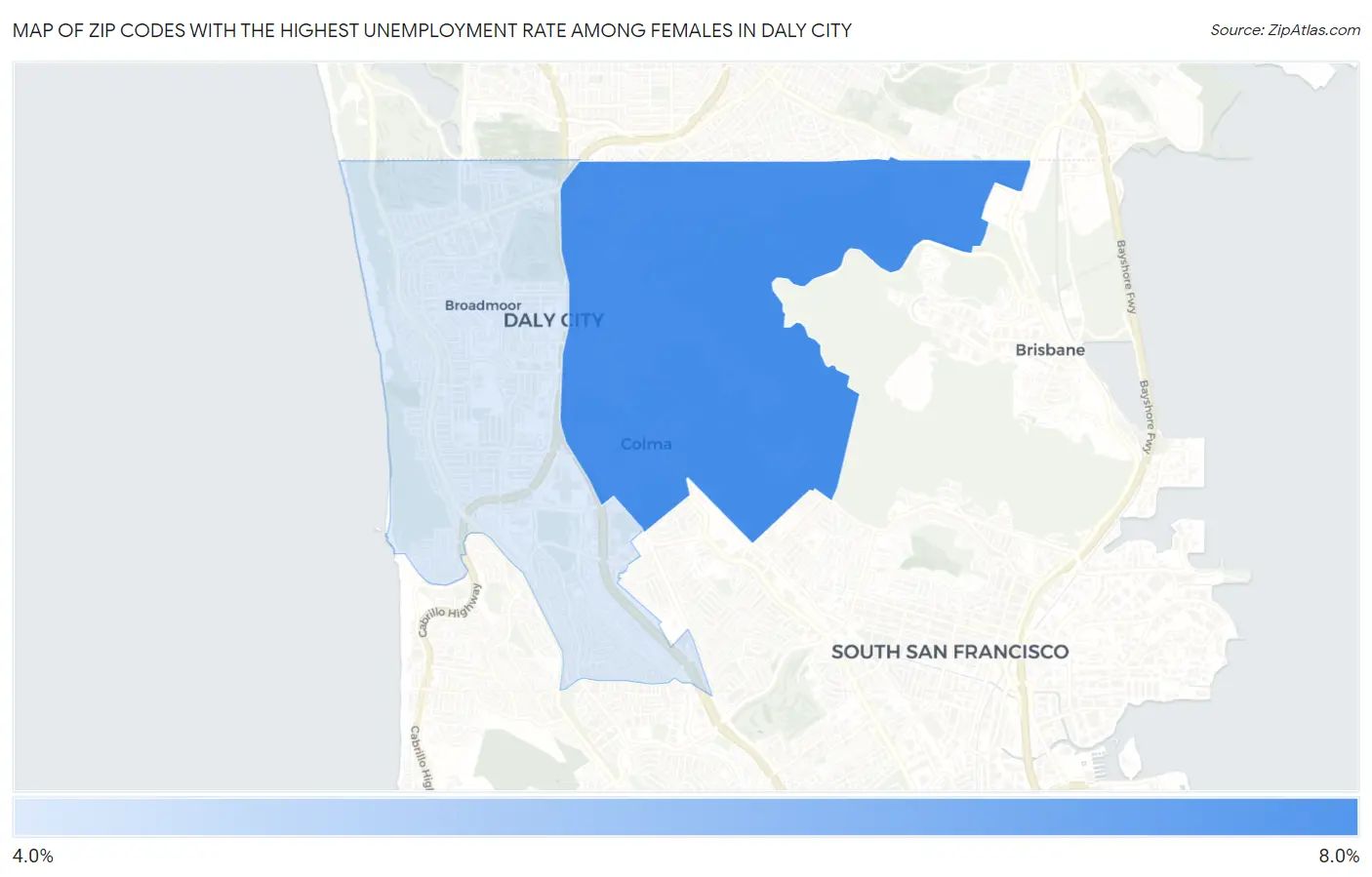 Zip Codes with the Highest Unemployment Rate Among Females in Daly City Map