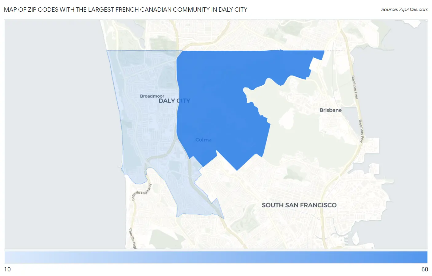 Zip Codes with the Largest French Canadian Community in Daly City Map