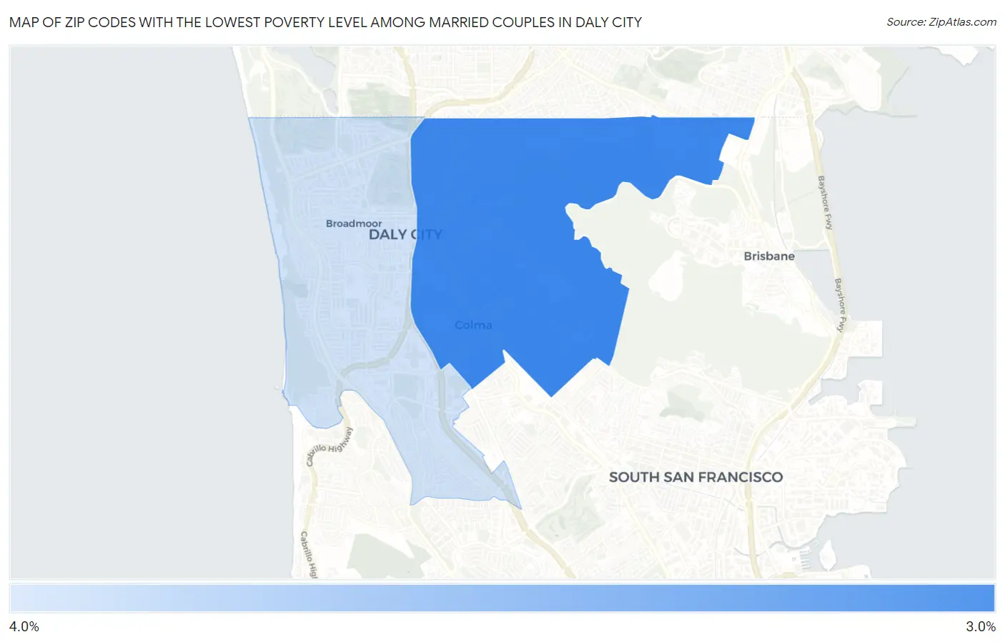 Zip Codes with the Lowest Poverty Level Among Married Couples in Daly City Map