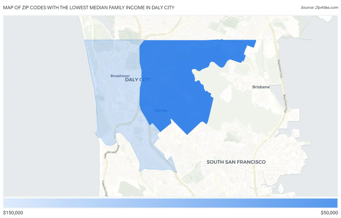 Zip Codes with the Lowest Median Family Income in Daly City Map