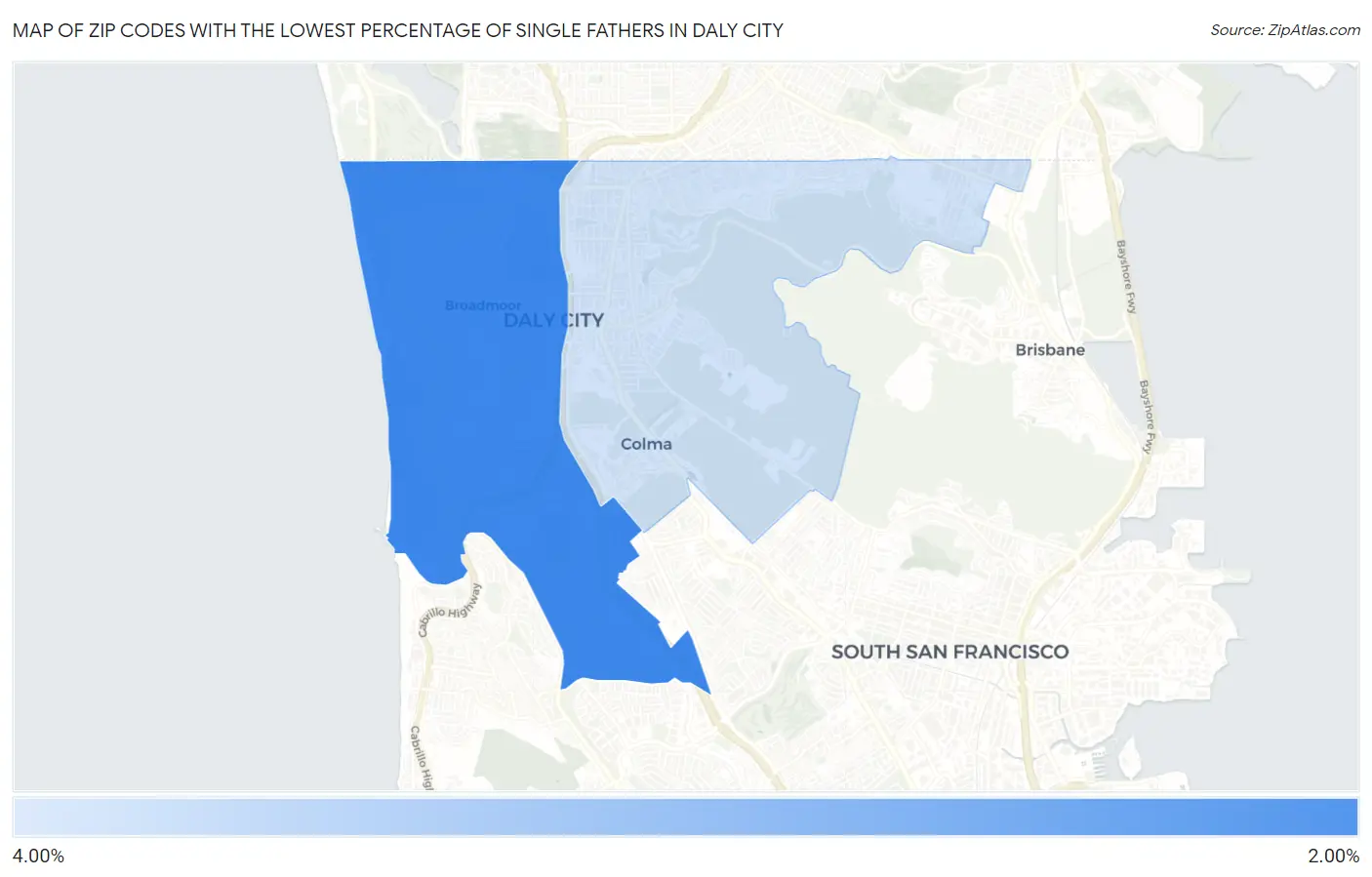 Zip Codes with the Lowest Percentage of Single Fathers in Daly City Map