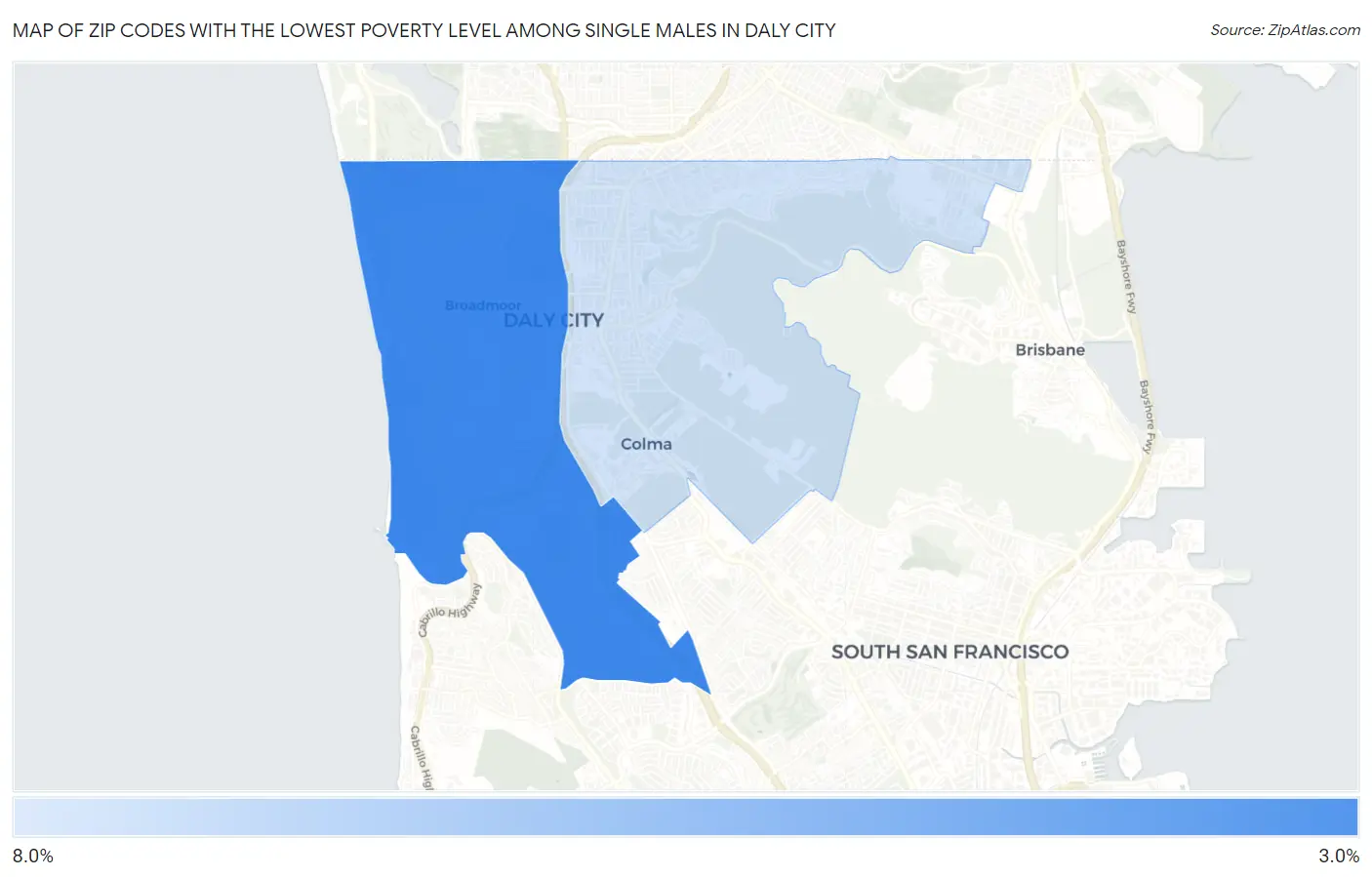 Zip Codes with the Lowest Poverty Level Among Single Males in Daly City Map