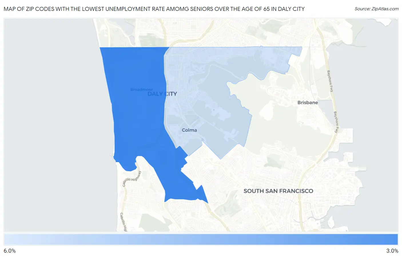 Zip Codes with the Lowest Unemployment Rate Amomg Seniors Over the Age of 65 in Daly City Map