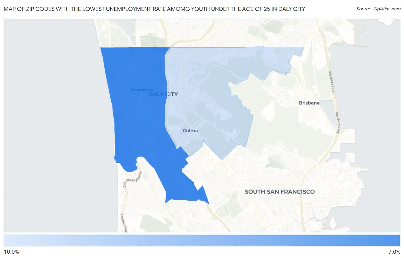 Zip Codes with the Lowest Unemployment Rate Amomg Youth Under the Age of 25 in Daly City Map
